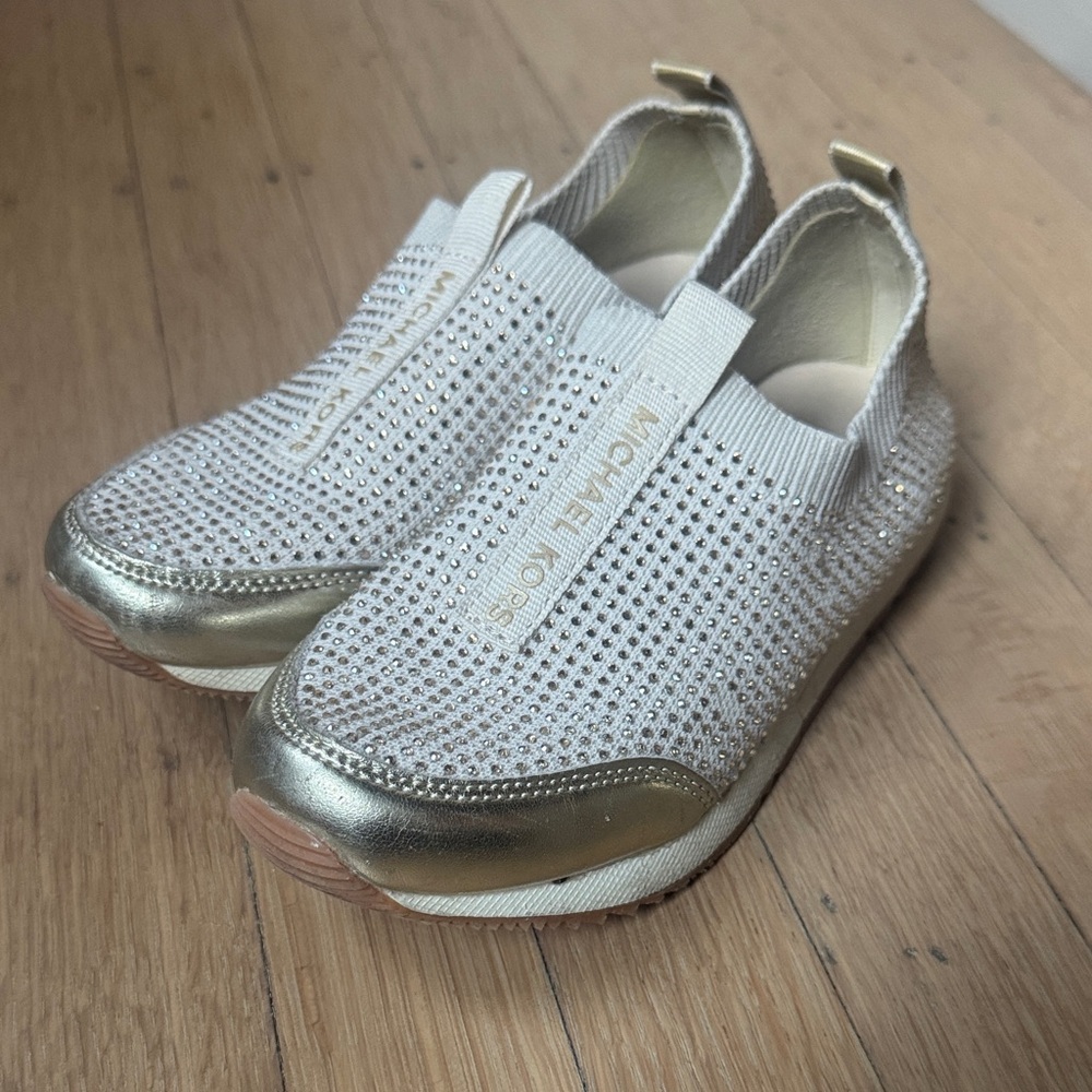 Michael Kors Kids White Knit Slip-On Sneakers with Gold Trim
